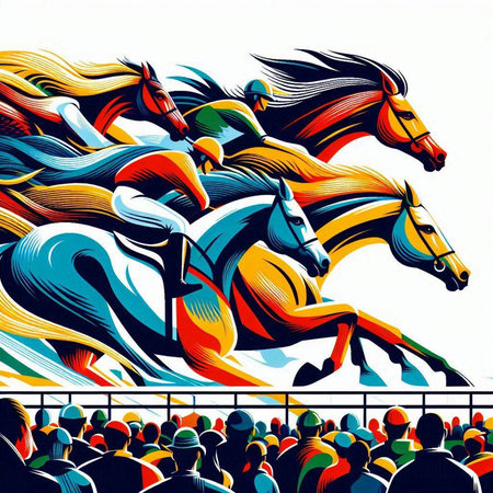 Horse racing vector illustration. Colorful horses on the racecourseのイラスト素材