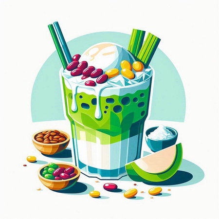 Green tea smoothie with ice cream and candies. Vector illustration.のイラスト素材