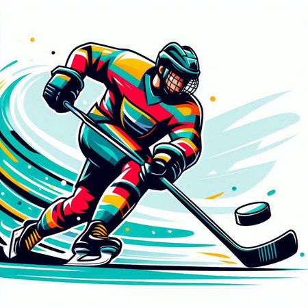 Ice hockey player with the stick and puck. Vector illustration of a hockey player.のイラスト素材