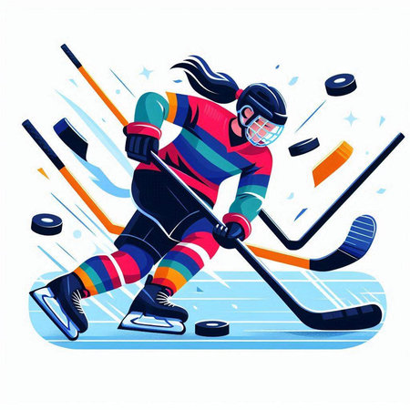 Hockey player with a stick and puck on ice. Vector illustration.のイラスト素材