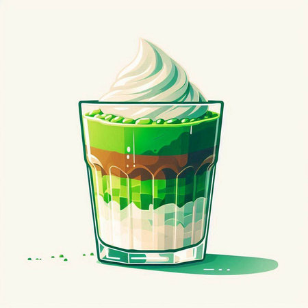 illustration of a glass of green tea with whipped cream on white backgroundのイラスト素材