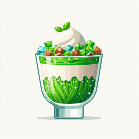 Illustration of a glass with ice cream and green grass on a white backgroundのイラスト素材