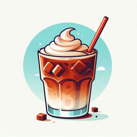 Iced coffee with whipped cream in a glass. Vector illustration.のイラスト素材