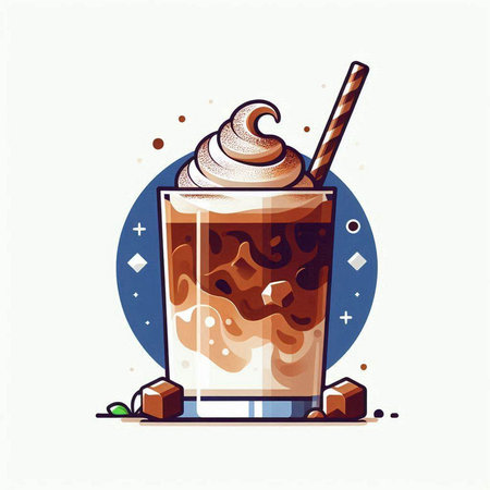 Iced coffee with whipped cream in a glass. Vector illustration.のイラスト素材