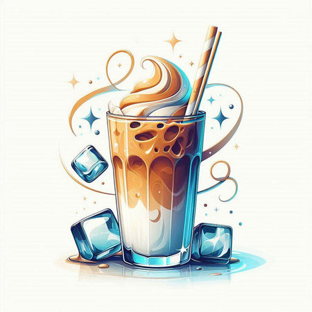 Iced coffee with ice cubes and straw in glass. Vector illustration.のイラスト素材