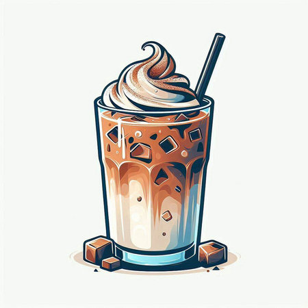 Iced coffee with whipped cream in a glass. Vector illustration.のイラスト素材