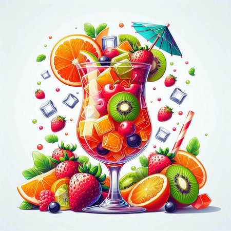 Fruit cocktail with ice cubes and straws. Vector illustration.のイラスト素材