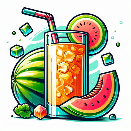 Cocktail with watermelon, ice cubes and straw. Vector illustration.のイラスト素材