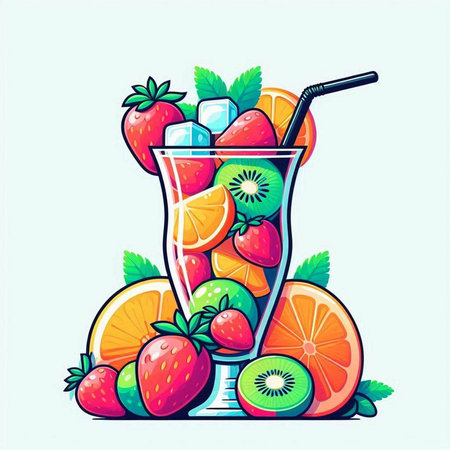 Fruit cocktail with strawberries, kiwi, orange, lemon and ice. Vector illustration.のイラスト素材