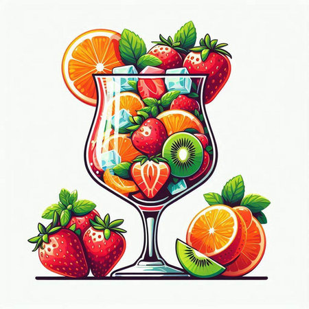 Fruit cocktail with orange, kiwi, strawberry and mint. Vector illustration.のイラスト素材
