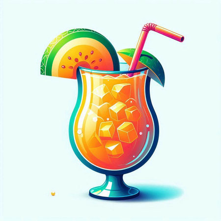 Cocktail with ice cubes and straw in a glass. Vector illustration.のイラスト素材