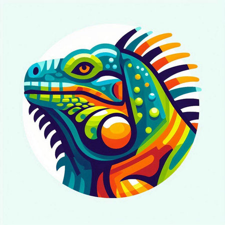 Colorful vector illustration of a stylized iguana head in a circleのイラスト素材