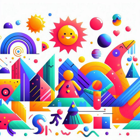 Abstract colorful background with geometric shapes and sun. Vector Illustration.のイラスト素材