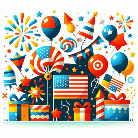 background with fireworks and gift boxes. Vector illustration.のイラスト素材