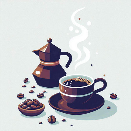 Illustration of a cup of coffee and coffee beans on a white backgroundのイラスト素材