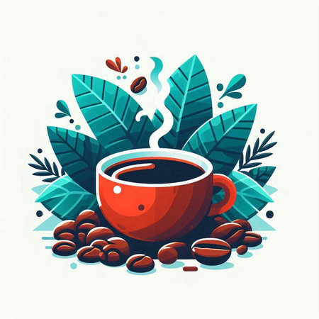 Coffee cup with coffee beans and leaves. Vector illustration.のイラスト素材