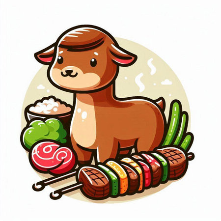 Illustration of a Cute Cartoon Lamb Eating Sushi and Sashimiのイラスト素材