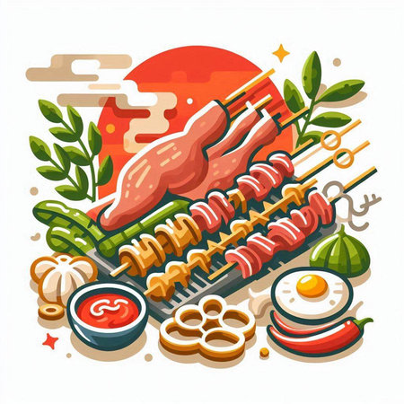 Vector illustration of barbeque grill with chicken legs, vegetables and sauceのイラスト素材