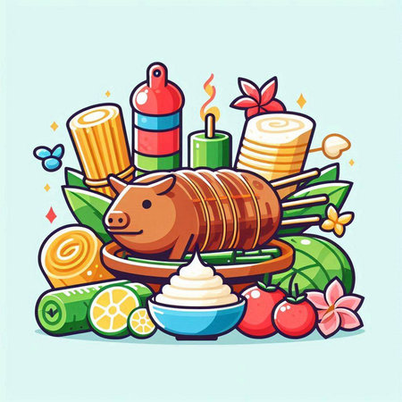 Vector illustration of Chinese New Year of the Pig. Festive background with pig, candles, flowers and green leaves.のイラスト素材