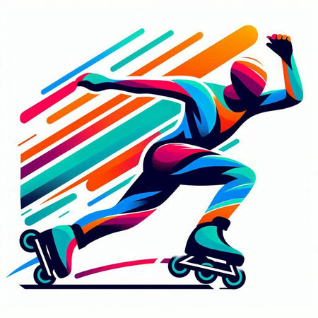 Roller skater vector illustration with colorful lines and stripes background.のイラスト素材