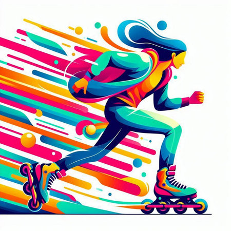 Vector illustration of roller skater in motion on abstract background with colorful stripesのイラスト素材