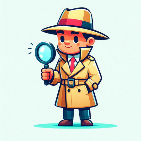 Cute detective with magnifying glass. Vector illustration in cartoon styleのイラスト素材