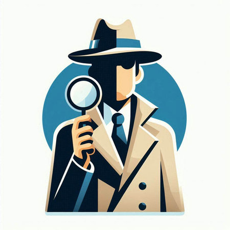 Vector illustration of detective in suit and hat with magnifying glass.のイラスト素材