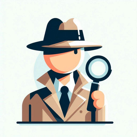 Detective with magnifying glass. Vector illustration in flat style.のイラスト素材