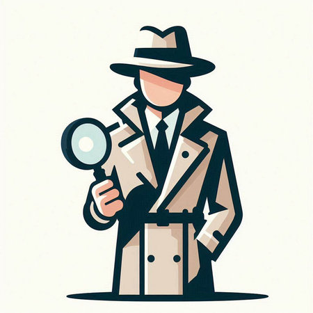 Vector illustration of detective in hat and coat with magnifying glass.のイラスト素材