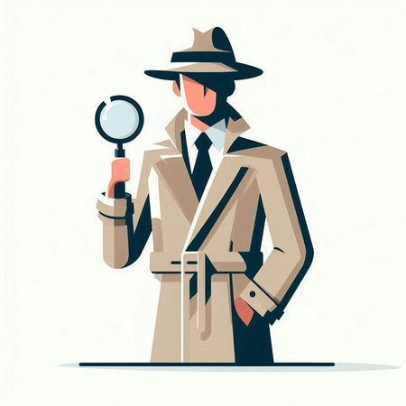 Detective with magnifying glass. Vector illustration in flat style.のイラスト素材