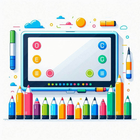 Colored pencils and tablet. School supplies. Vector illustration.のイラスト素材