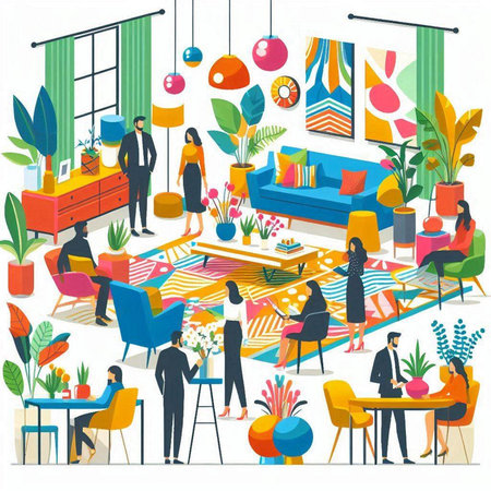 Flat design vector illustration concept of living room interior with furniture, plants and people.のイラスト素材