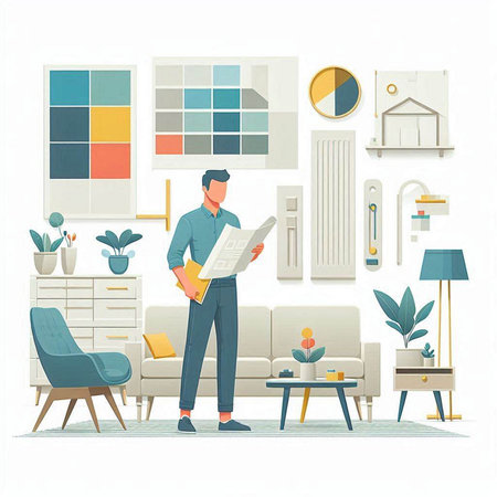 Man reading newspaper in living room. Vector illustration in flat style.のイラスト素材