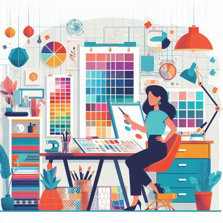 Vector illustration of graphic designer working in office. Woman sitting at desk and drawing.のイラスト素材