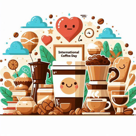 Coffee shop vector illustration. Coffee shop background with cute cartoon characters.のイラスト素材