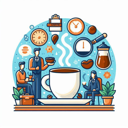 Coffee time concept. Businessman drinking coffee. Vector illustrationのイラスト素材