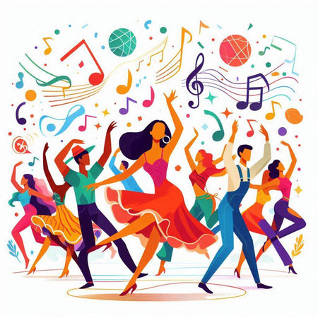 Dancing people. Group of young people with musical notes. Vector illustration.のイラスト素材