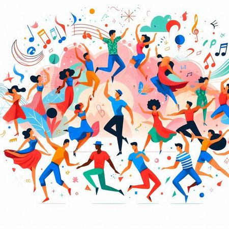Happy dancing people. Group of young men and women dancing and having fun. Flat vector illustration.のイラスト素材