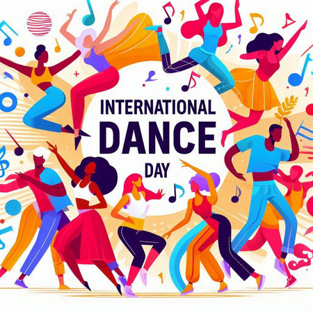 International Dance Day. Group of dancing people with musical notes. Vector illustration.のイラスト素材