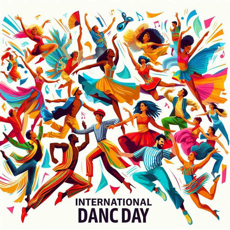 International Day of Dance Day. Vector illustration with dancing people in colorful dresses.のイラスト素材