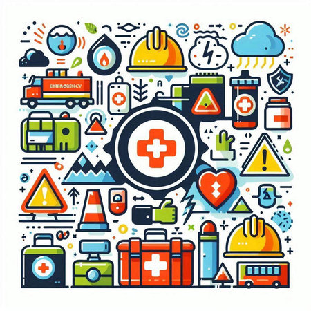 Vector line art illustration of ambulance and first aid kit on white background.のイラスト素材