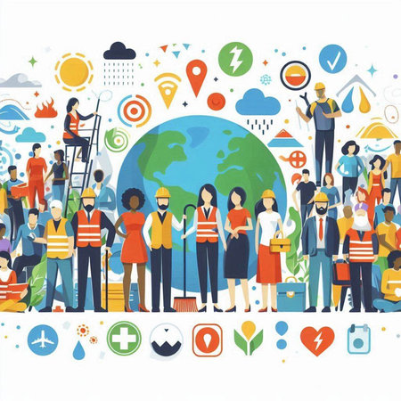 Vector illustration of a group of people in a flat style on the theme of ecology.のイラスト素材