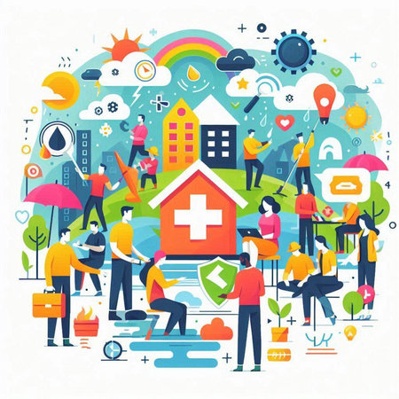 Hospital and people. Vector illustration in flat style. Medical concept.のイラスト素材