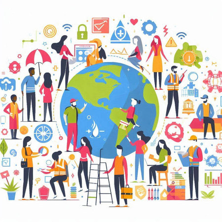 Global business concept with people working around the world. Vector illustration.のイラスト素材