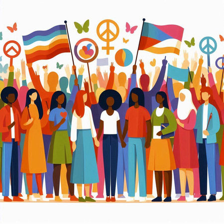Crowd of people with flags and peace signs. Vector illustration.のイラスト素材