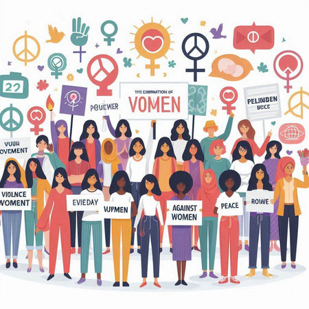 Vector illustration of group of people holding placards with female symbols.のイラスト素材