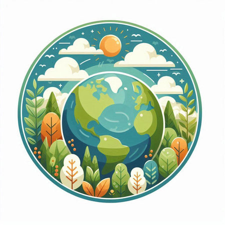 Planet Earth in a circle with trees and bushes. Vector illustration.のイラスト素材