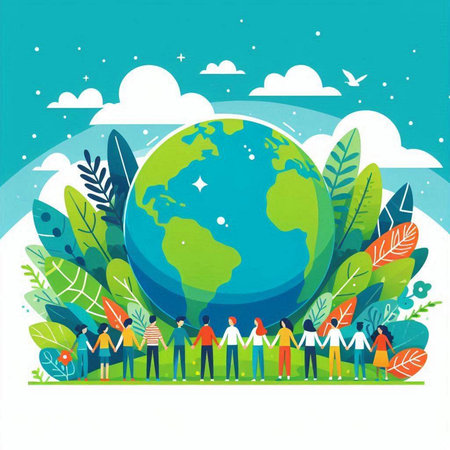 People holding hands around the world. Earth day concept. Vector illustration.のイラスト素材