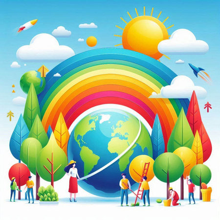 Vector illustration of group of people around the globe with a rainbow.のイラスト素材