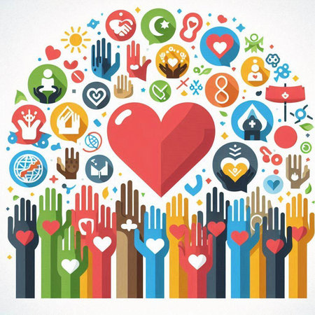 Colorful hand and heart shape icons on white background, vector illustrationのイラスト素材